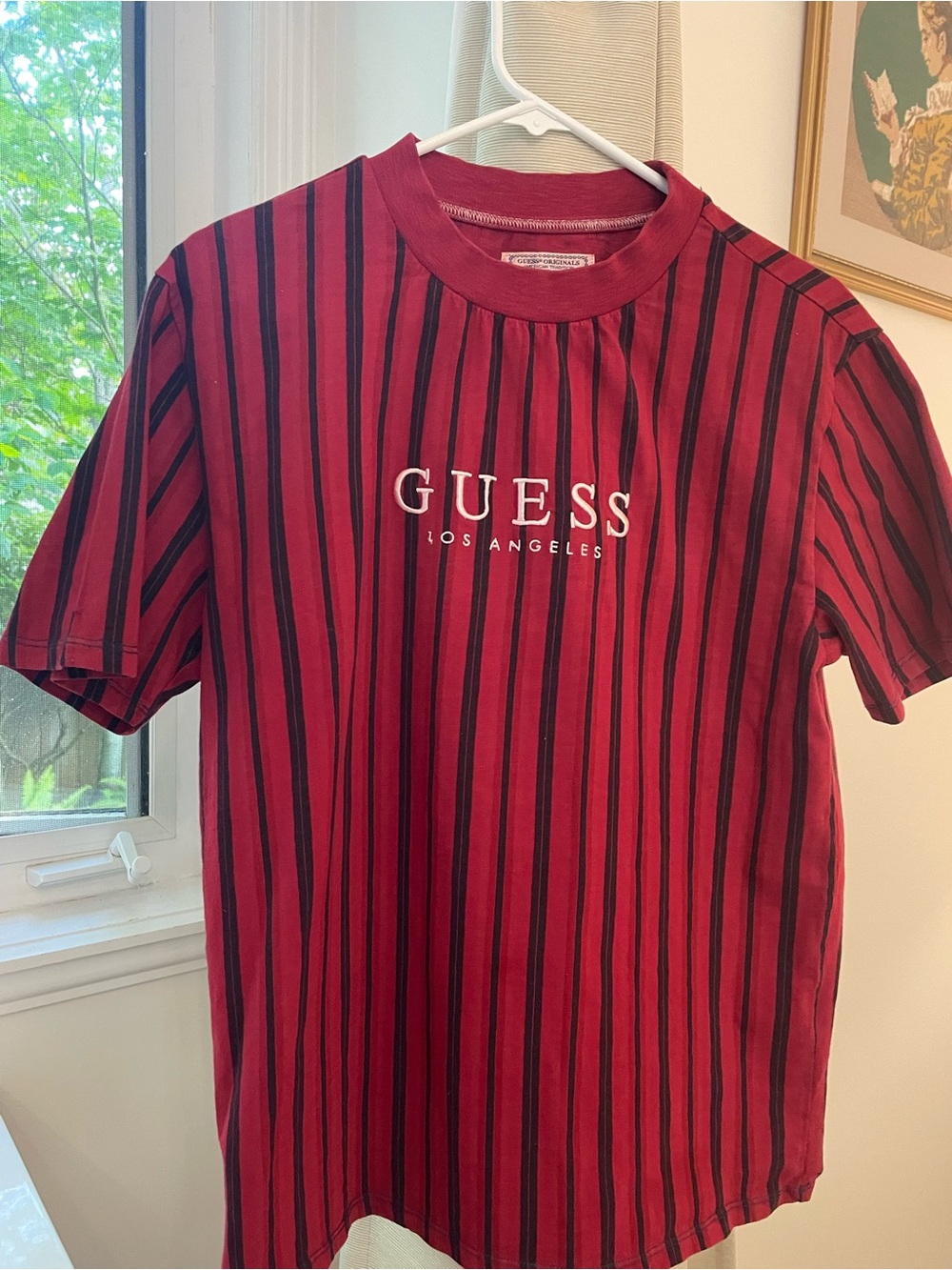 Guess Red and Black Striped Logo T-Shirt